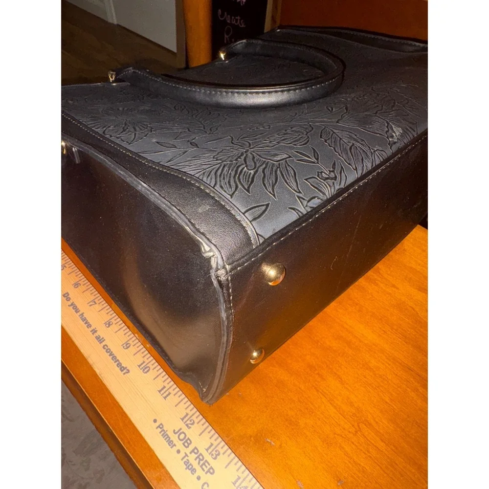 Floral Embossed Laptop‎ Tote Bag Women Black Faux Leather Professional Work Chic